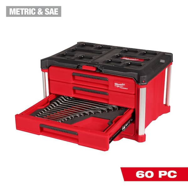 Combination SAE and Metric Wrench Mechanics Tool Set with PACKOUT 4 Drawer Tool Box (60-Piece)