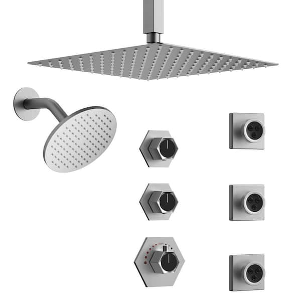 YAWWALK Thermostatic 5-Spray 12 and 6 in. Dual Shower Head Ceiling Mount Fixed and Handheld Shower Head in Brushed Nickel