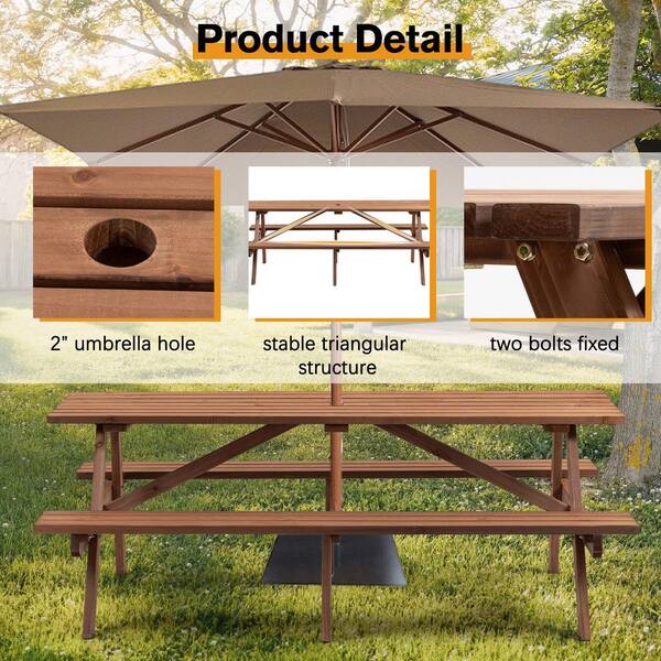 75 in. Dark Brown Rectangle Wood Picnic Tables with 2-Benches and