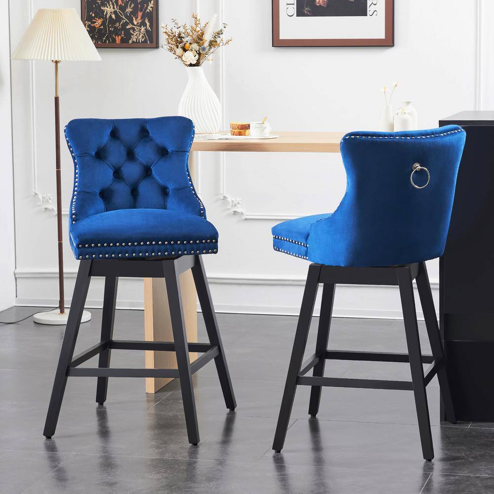 Blue Velvet Upholstered Swivel Counter Stools with Solid Wood Legs, Set of 2
