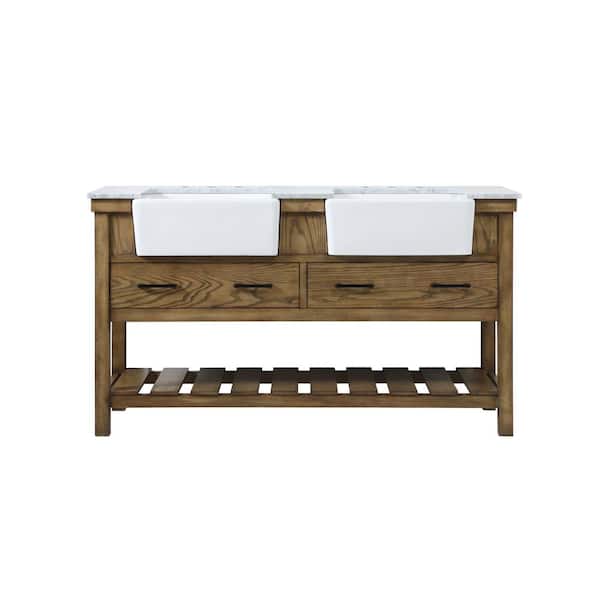 Unbranded Timeless Home 60 in. W x 22 in. D x 34.13 in. H Double Bathroom Vanity Side Cabinet in Driftwood with White Marble Top