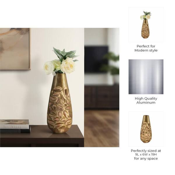 Liv & Skye 19 in. Bronze Metal Cylinder Hammered Decorative Vase