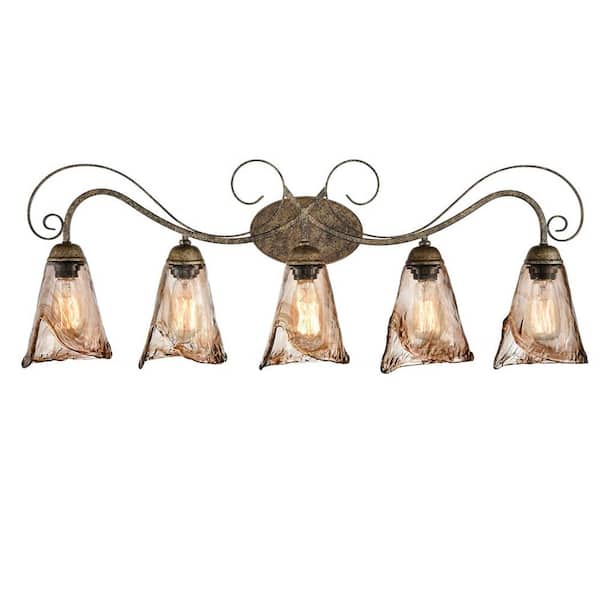 CLAXY 9.2 in. 5-Light Amber Vanity Light with Colored Glass Shade