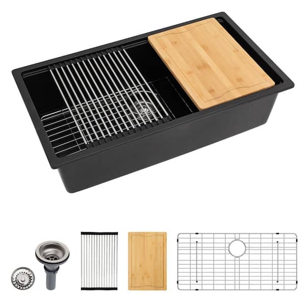 30 in. Matte Black Workstation Kitchen Sink Set, Granite Composite, Undermount Single Bowl Basin Included Accessories