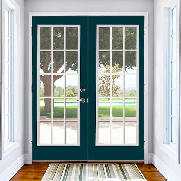 72 in. x 80 in. Night Tide Fiberglass Prehung Right-Hand Inswing 15-Lite Clear Glass Patio Door Vinyl Frame no Brickmold
