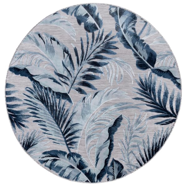 Cabana Beige/Navy 6 ft. x 6 ft. High-Low Leaf Indoor/Outdoor Round Area Rug
