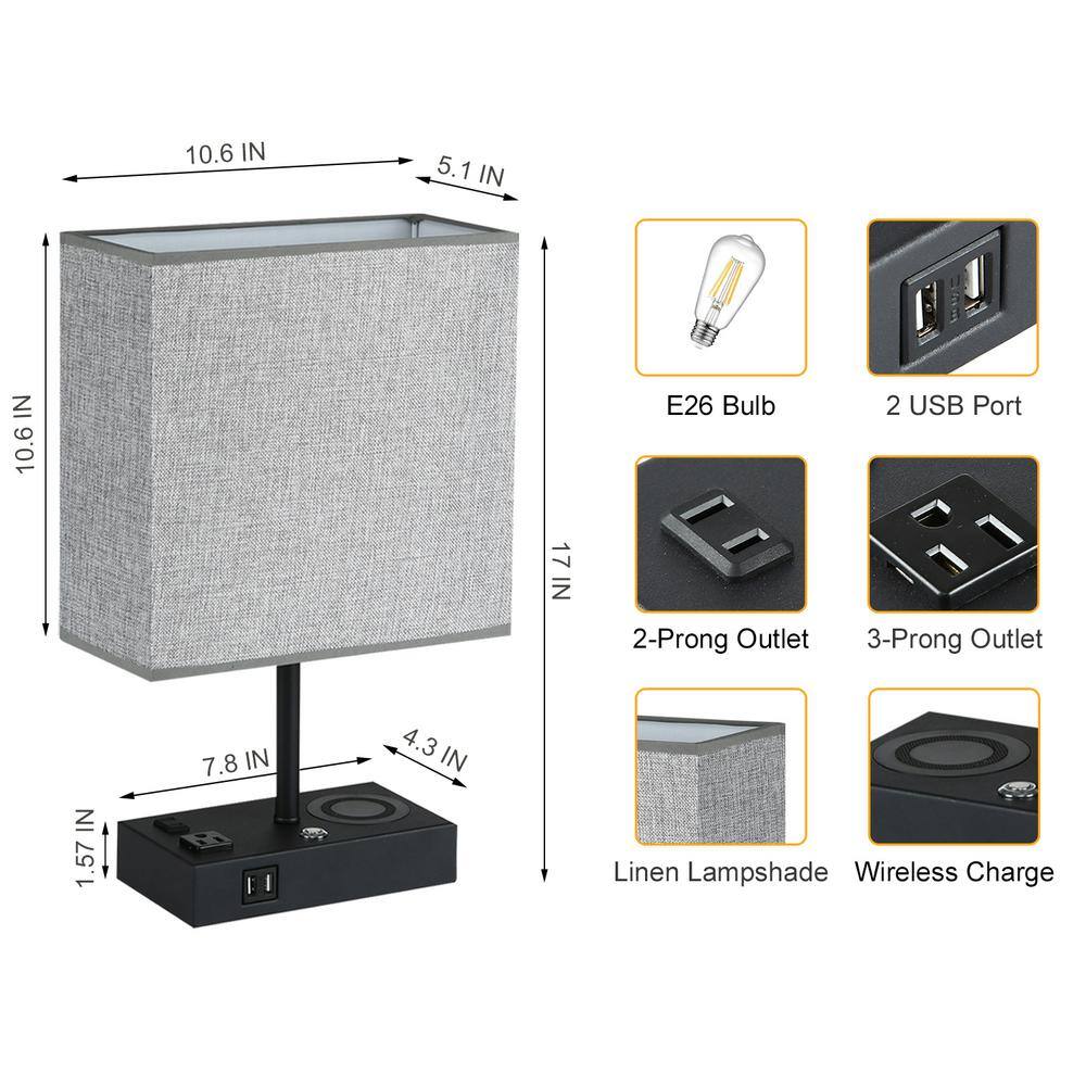 17 in. Black Wireless Charging Table Lamp with USB Port