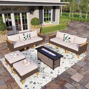 Brown Rattan Wicker 8 Seat 9-Piece Steel Outdoor Patio Conversation Set with Beige Cushions,Rectangular Fire Pit Table