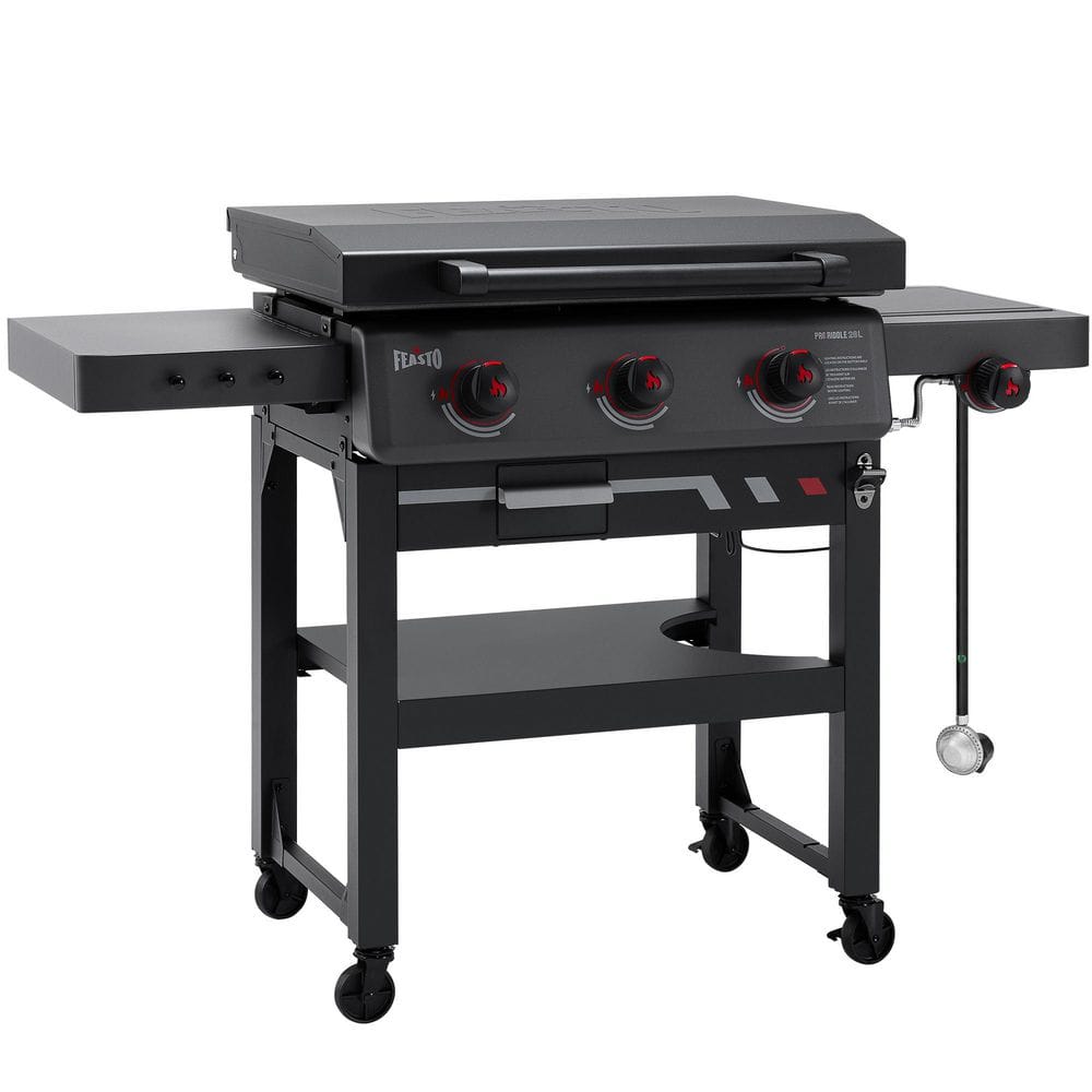3-Burner Propane Gas Grill 28 in. Flat Top Griddle in Black with Side Burner and Lid