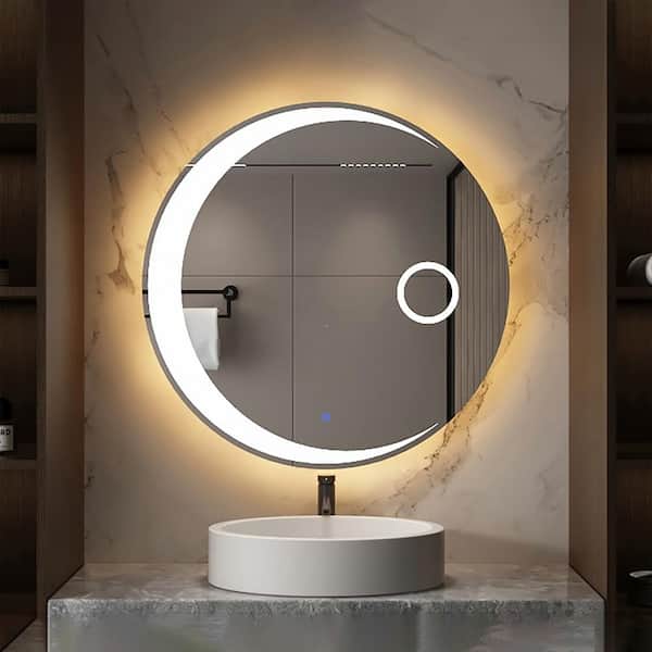 HOMLUX 29.5 in. W x 29.5 in. H Round Frameless with LED Light Anti-Fog Wall Mounted Bathroom Vanity Mirror