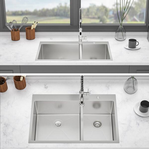 NEW 33 in. Double Bowl (60/40) Drop-in Kitchen Sink, 16 Gauge