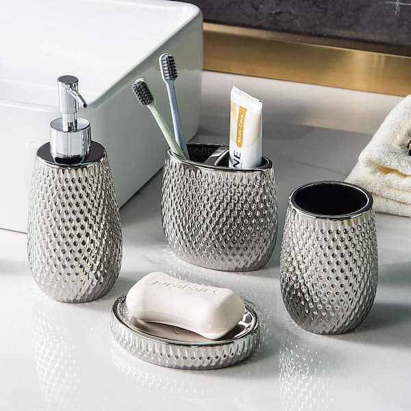 whole housewares bathroom accessories set, 4-piece glass mosaic bath  accessory completes with lotion dispenser/soap pump, cotton jar, vanity  tray, toothbrush holder (silver) 