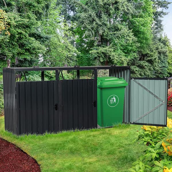 BTMWAY 94 in. W x 31 in. D x 48 in. H Black Galvanized Steel Trash Can Storage, Outdoor Metal Garbage Shed, Bin Shed