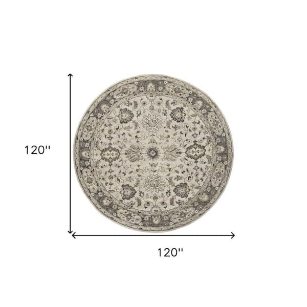 10 ft. Round Gray, Ivory Floral Area Rug