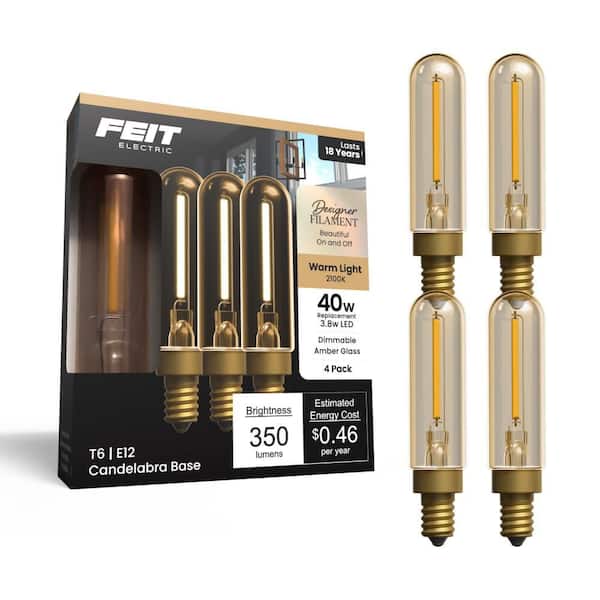 40-Watt Equivalent T6 Dimmable Straight Filament Amber Glass E12 Candelabra Vintage LED Light Bulb, Warm White (4-Pack)