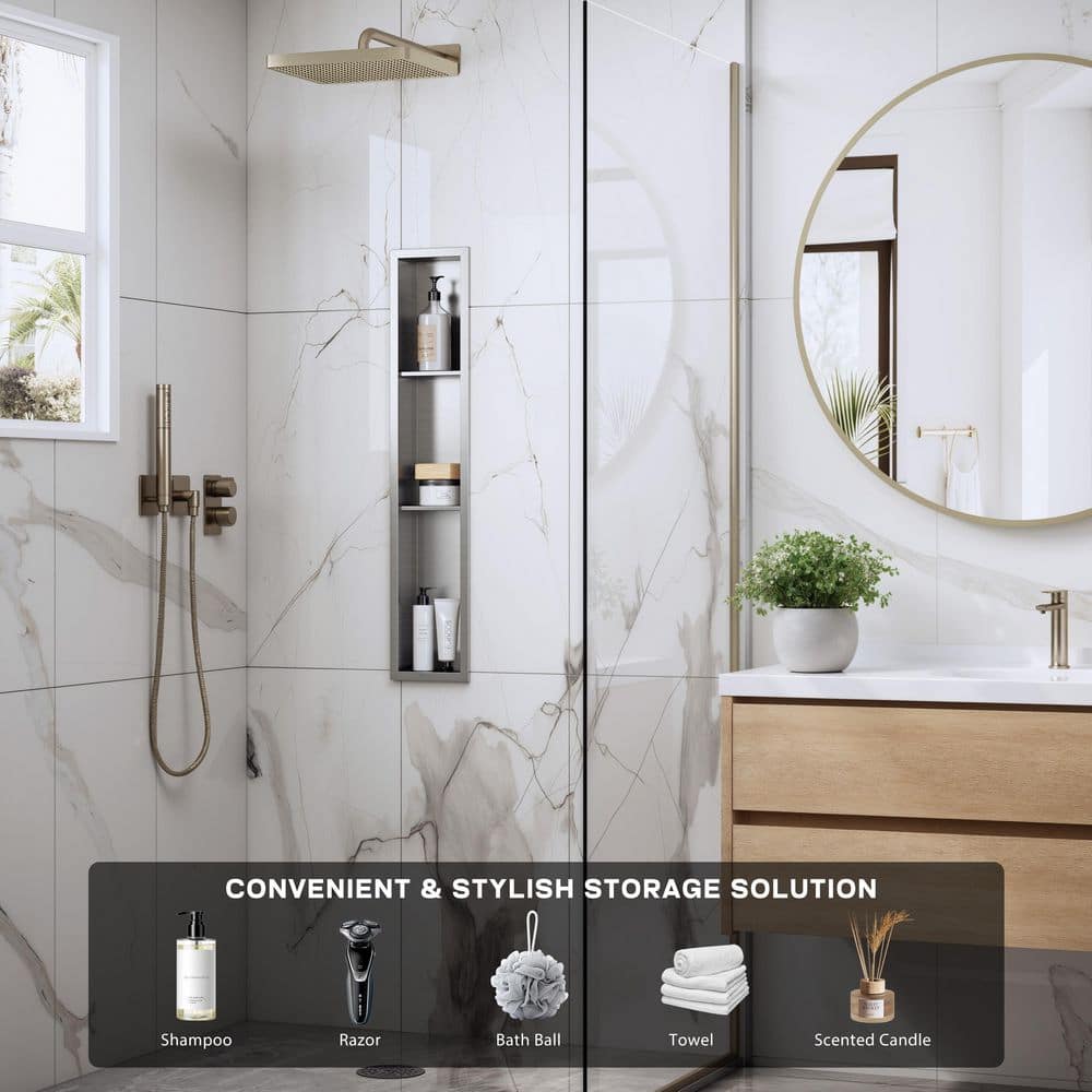 8 in. W x 36 in. H x 4 in. D Waterproof Recessed Shower Niche Storage Shelf in Brushed Gold, No Tile Needed price history on PriceWatchPro