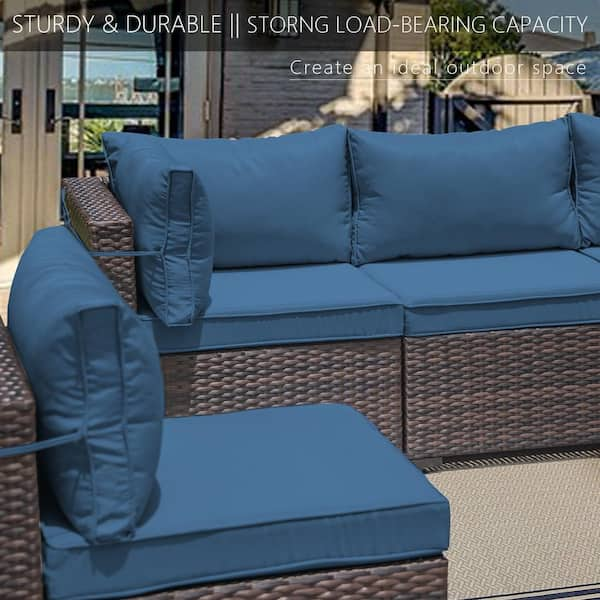 Azoriah Wicker 7 - Person Oversized Armrest Outdoor Seating Group with Storage Latitude Run Cushion Color: Navy Blue