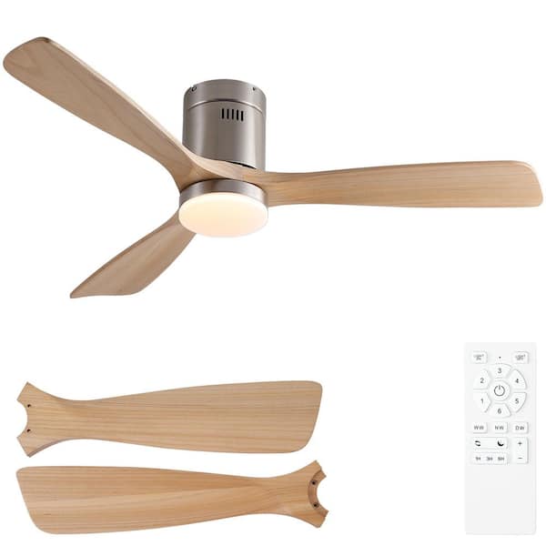 Elysian 52 in. Indoor Brushed Nickel Flush Standard Ceiling Fan with Light,Remote Control Included and Light Wood Blades