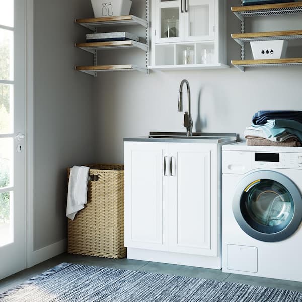 Simpli Home Darwin Contemporary 28 in. Deluxe Laundry Cabinet with Pull-out Faucet and Stainless Steel Sink in Pure White