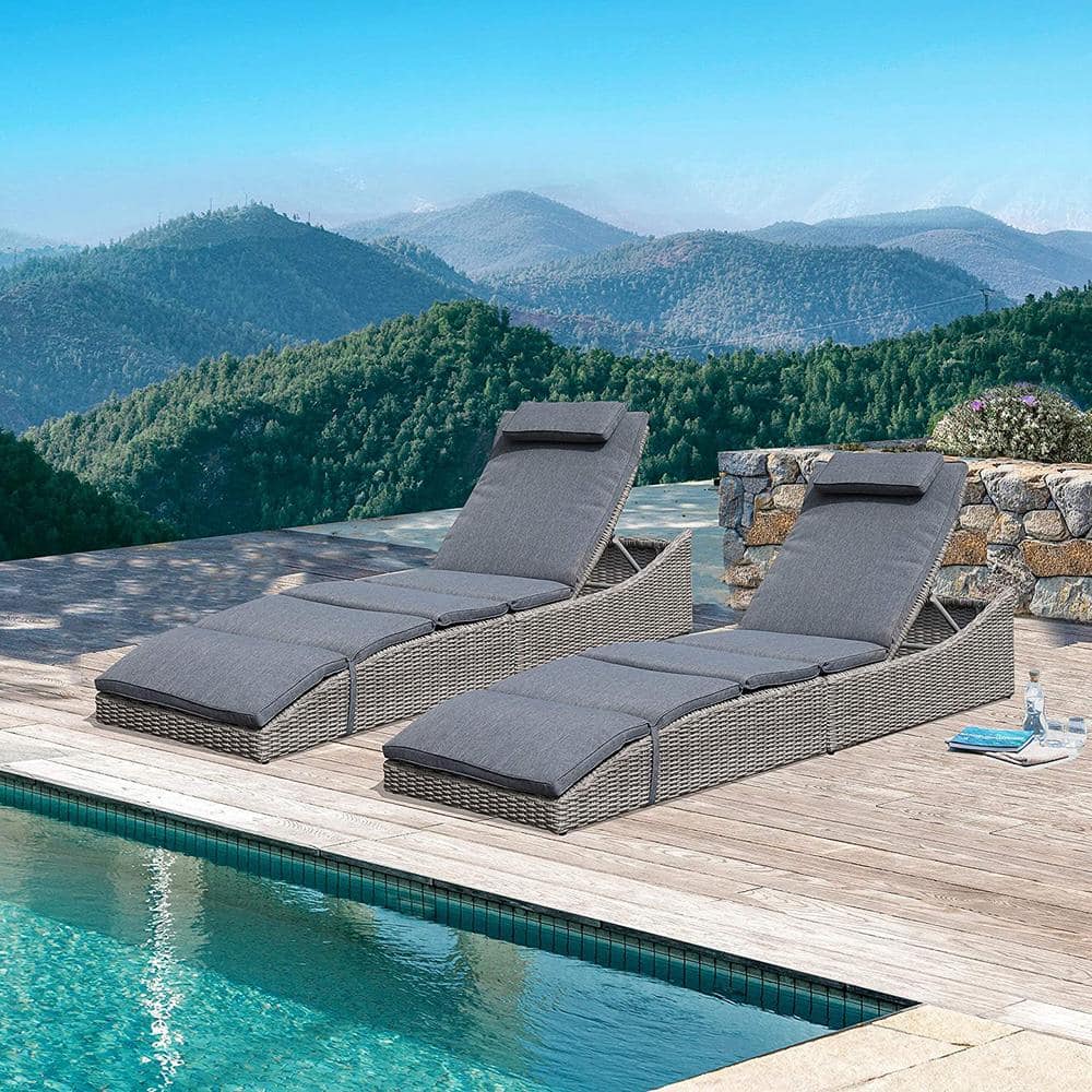 2-Piece Folding Adjustable Wicker Outdoor Chaise Lounge Chair with Dark Gra
