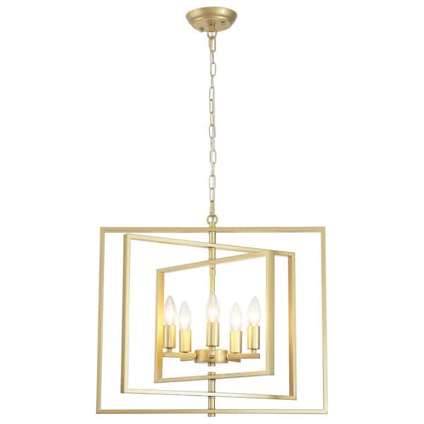 LWYTJO 5-Light Gold Frame Candle Chandelier, Industrial Foyer Light Fixture with No Bulbs Included