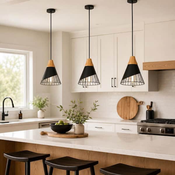 1-Light Black Pendant Light with Wooden Decor Shade, Modern Minimalist Hanging Light for Kitchen Island & Dining Room