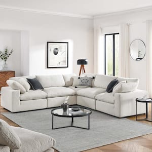 Commix 120 in. W Square Arm Down Filled Overstuffed Boucle 5-pieces Fabric L-Shaped Sectional Sofa in Ivory