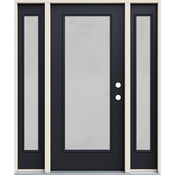 JELD-WEN 60 in. x 80 in. Left-Hand Full Lite Micro-Granite Frosted Glass Black Fiberglass Prehung Front Door with Sidelites