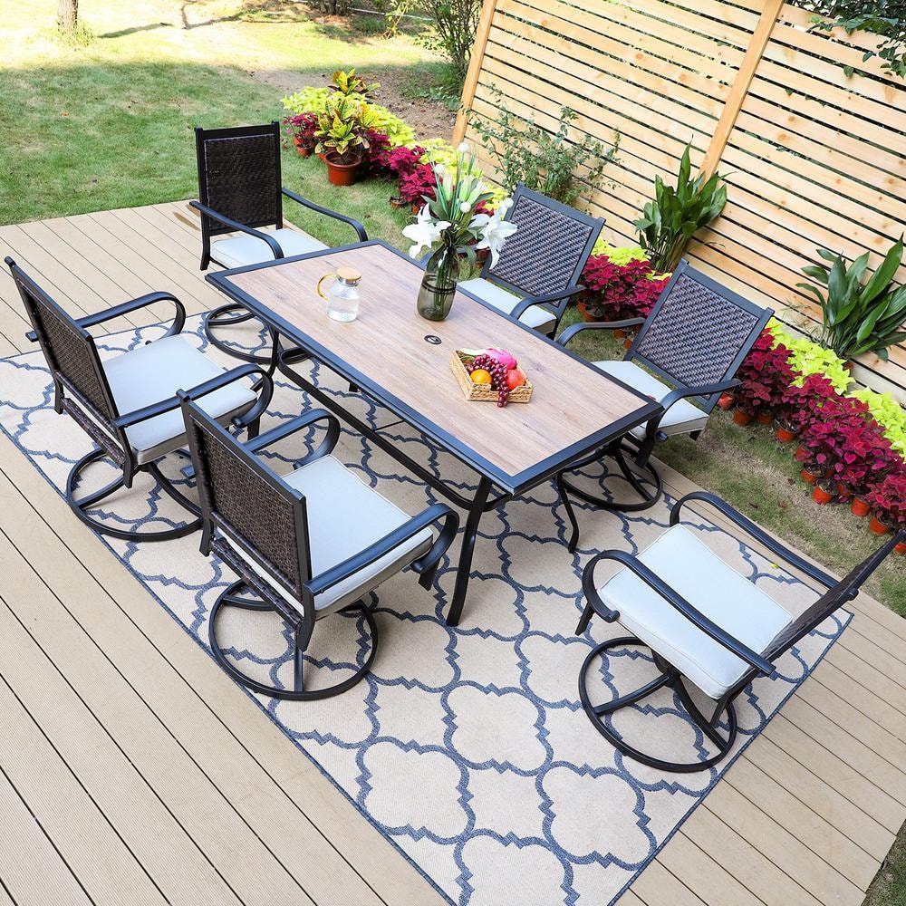 PHI VILLA Black 7-Piece Metal Patio Outdoor Dining Set with Wood-Look ...