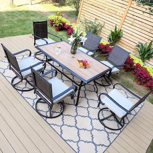 Black 7-Piece Metal Patio Outdoor Dining Set with Wood-Look Umbrella Table and Rattan Swivel Chairs with Beige Cushion