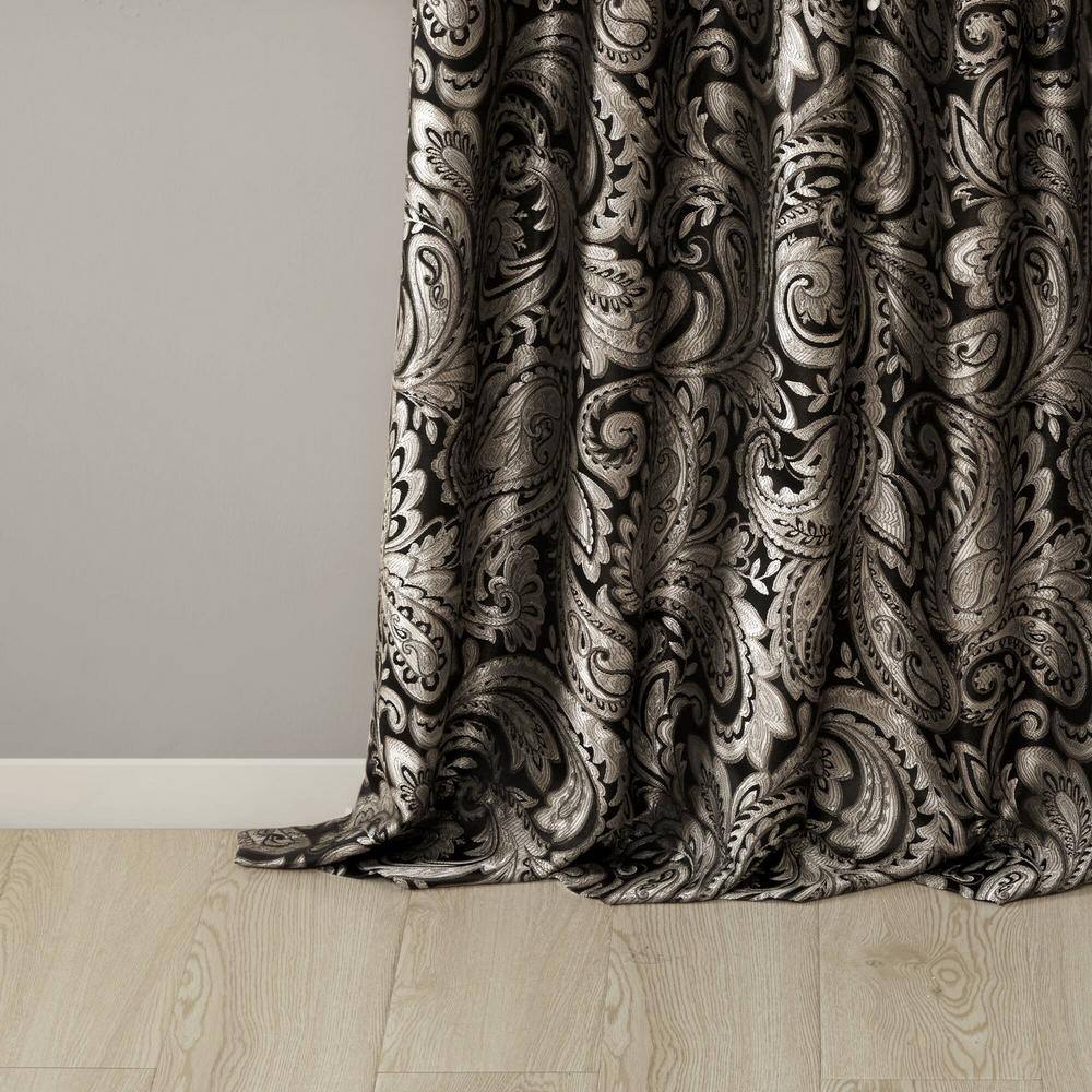 Black Faux Silk Jacquard Paisley Curtain Panels, 50" x 95"