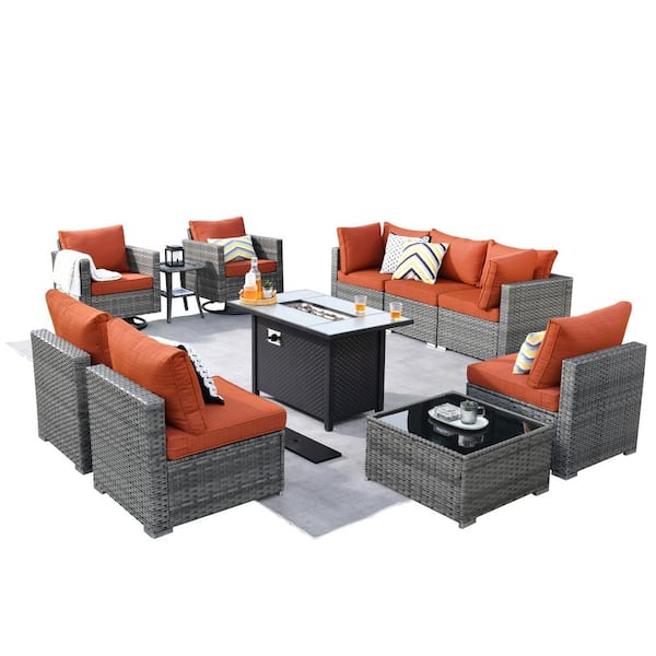Sanibel Gray 11-Piece Wicker Patio Conversation Fire Pit Sectional Sofa Set with Swivel Chairs and Orange Red Cushions