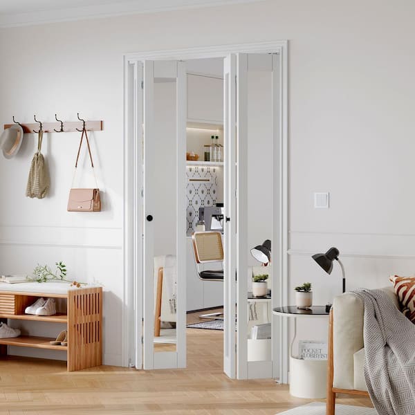 48 in. x 80 in. 1-Lite Mirrored Glass Solid Core White Finished MDF Bi-Fold Door with Hardware Kit