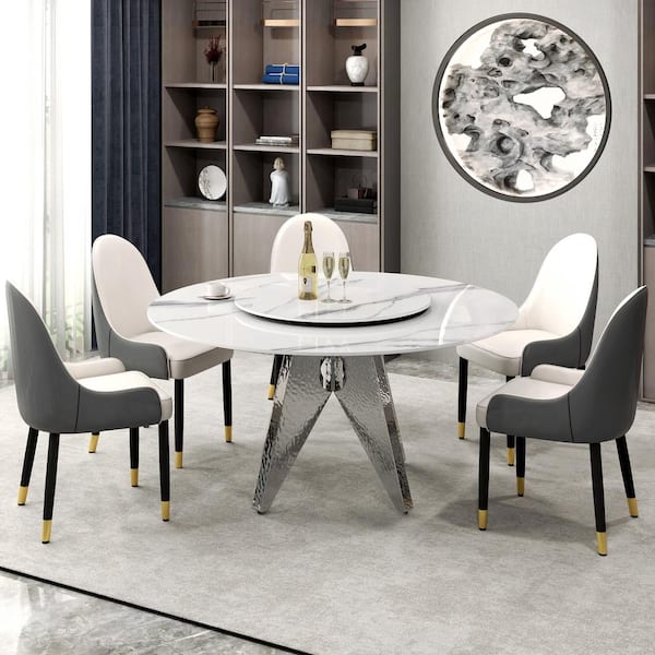 59 in. White Rotable Lazy Susan Sintered Round Stone Tabletop Silver Pedestal Base Kitchen Dining Table (Seats-8)