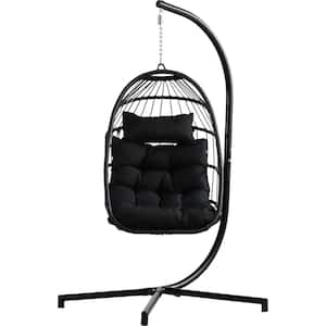 37 in. Width x 78 in. Height Black Wicker Porch Swing Egg Chair with Stand and Black Cushion for Garden