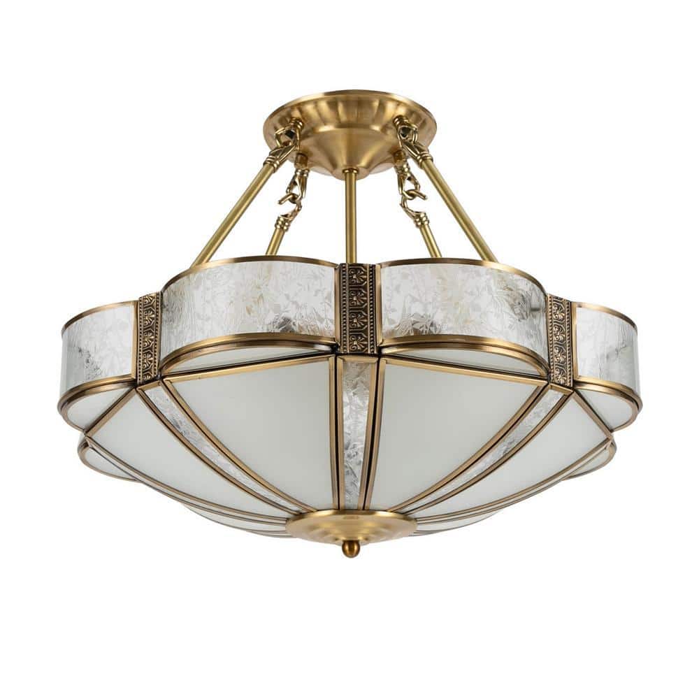 OUKANING 17.71 in. 4-Light Gold Retro Flower-Shaped Semi-Flush