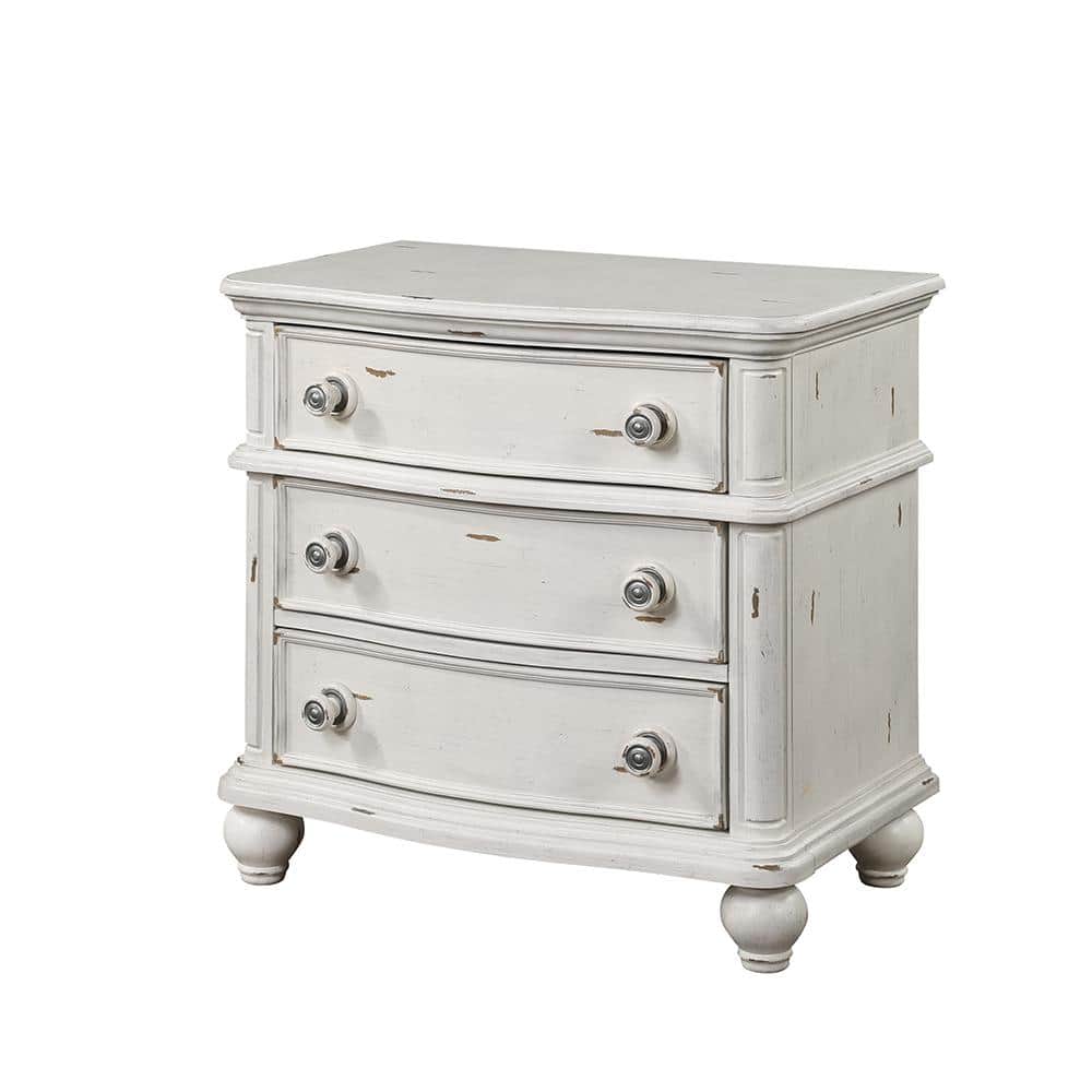 Jaqueline Antique White 3-Drawer Wooden Nightstand