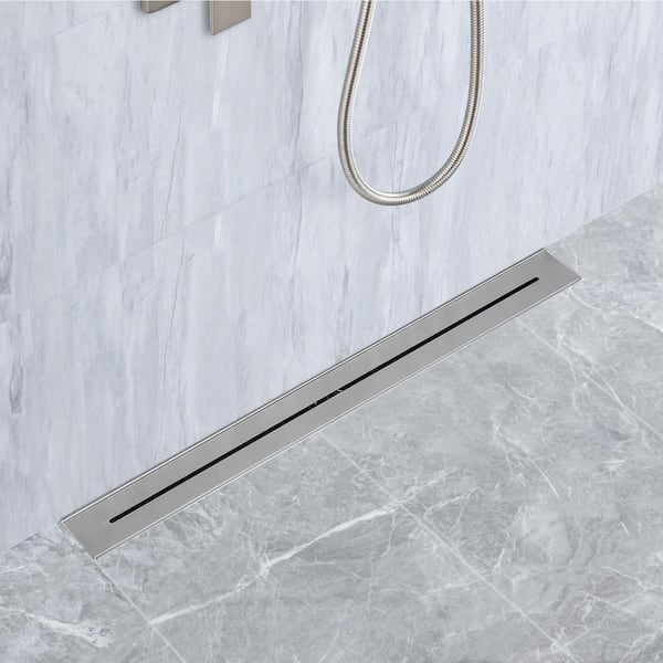 28 in. Stainless Steel Linear Shower Drain with Square Pattern Drain Cover in Brushed Nickel