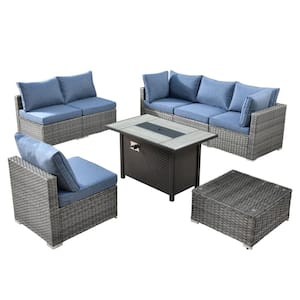 Messi Gray 8-Piece Wicker Outdoor Patio Conversation Sectional Sofa Set with a Metal Fire Pit and Denim Blue Cushions
