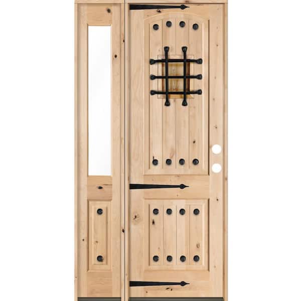 Krosswood Doors 46 in. x 96 in. Mediterranean Unfinished Knotty Alder Arch Left-Hand Left Half Sidelite Clear Glass Prehung Front Door