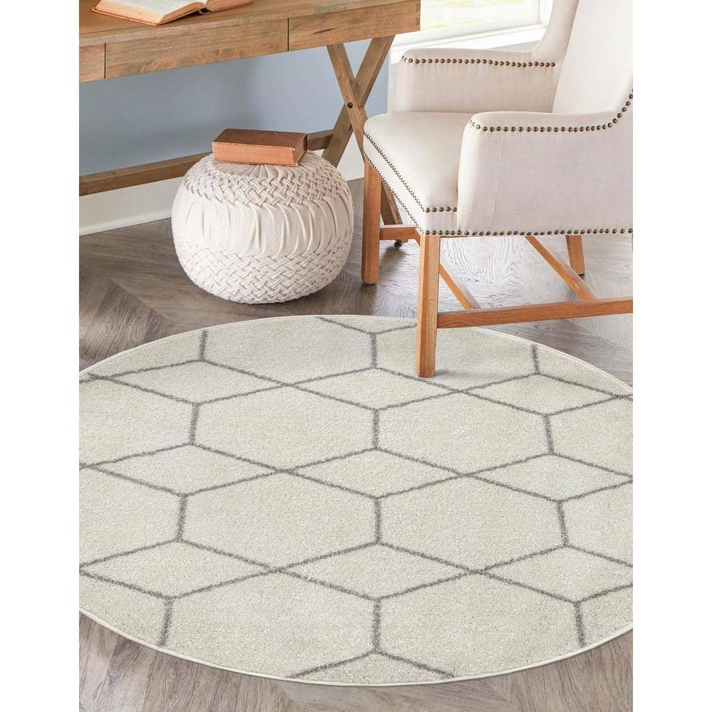 Ivory and Gray Round Trellis Synthetic Area Rug