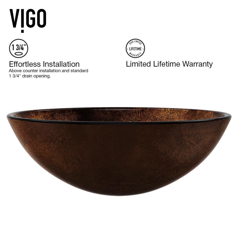 Russet Brown Round Glass Vessel Sink with Antique Bronze Faucet
