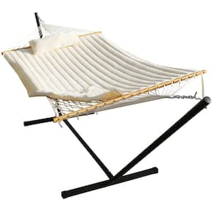 12 ft. Quilted Hammock Bed 2-Person with Detachable Pillow and Stand, White