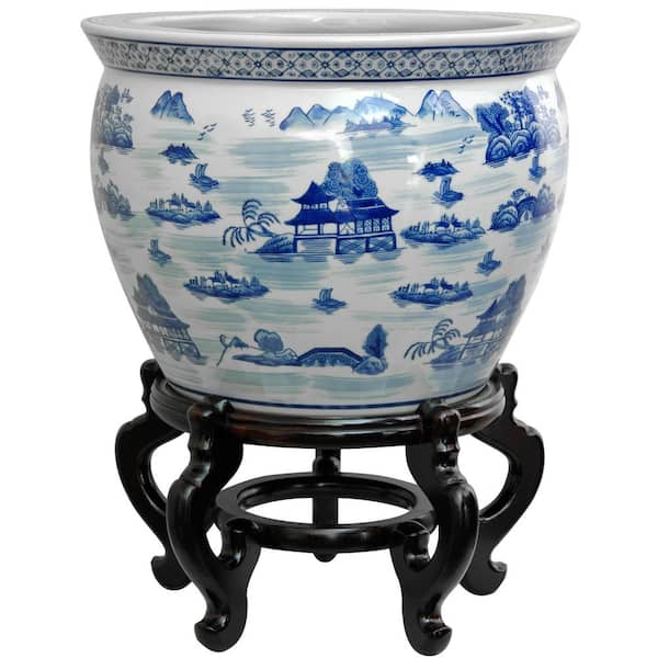 Oriental Furniture 16 in. Landscape Blue and White Porcelain Fishbowl