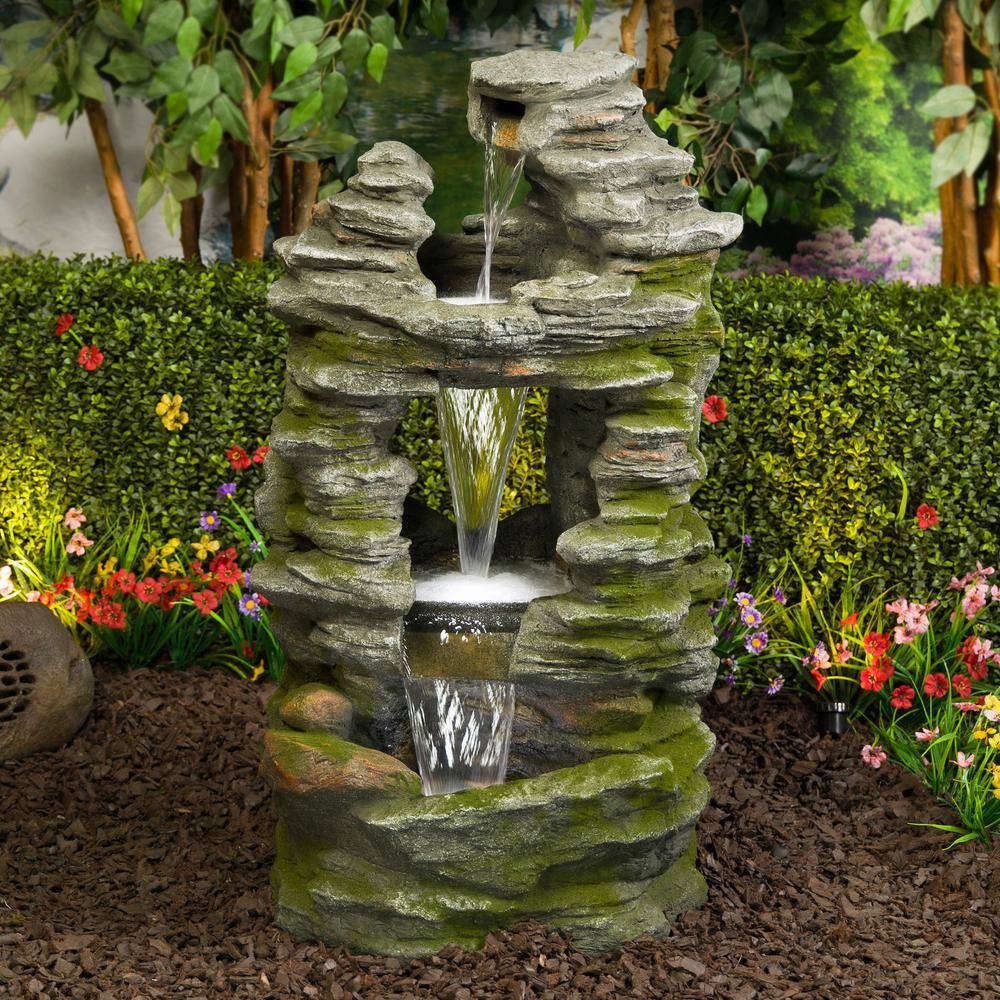 39" Stacked Stone Rainforest Fountain with LED Lights