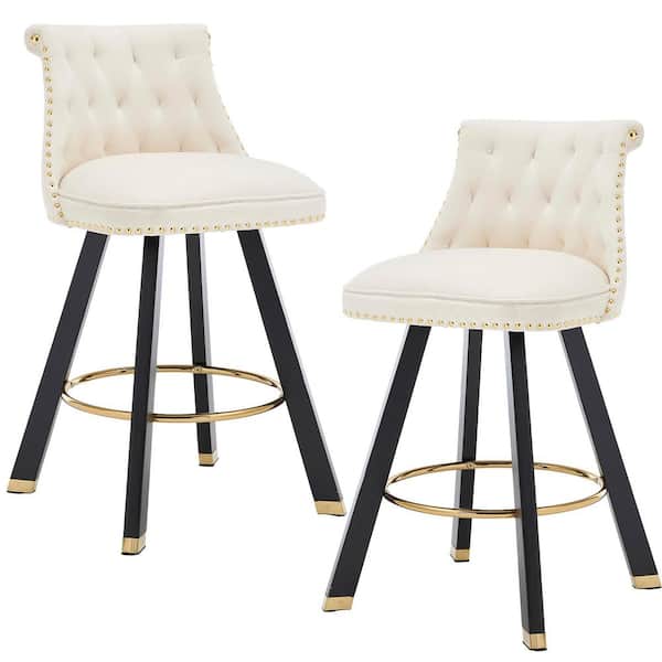 25.59 in. Modern Beige Velvet Wood Swivel Counter Height Bar Stools with Tufted Backrest and Copper Nails Set of 2