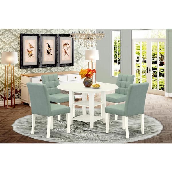 East West Furniture 5-Piece Linen White Finish Solid Wood Top - Round Dining Room Set with Dropleaf - Seats 4