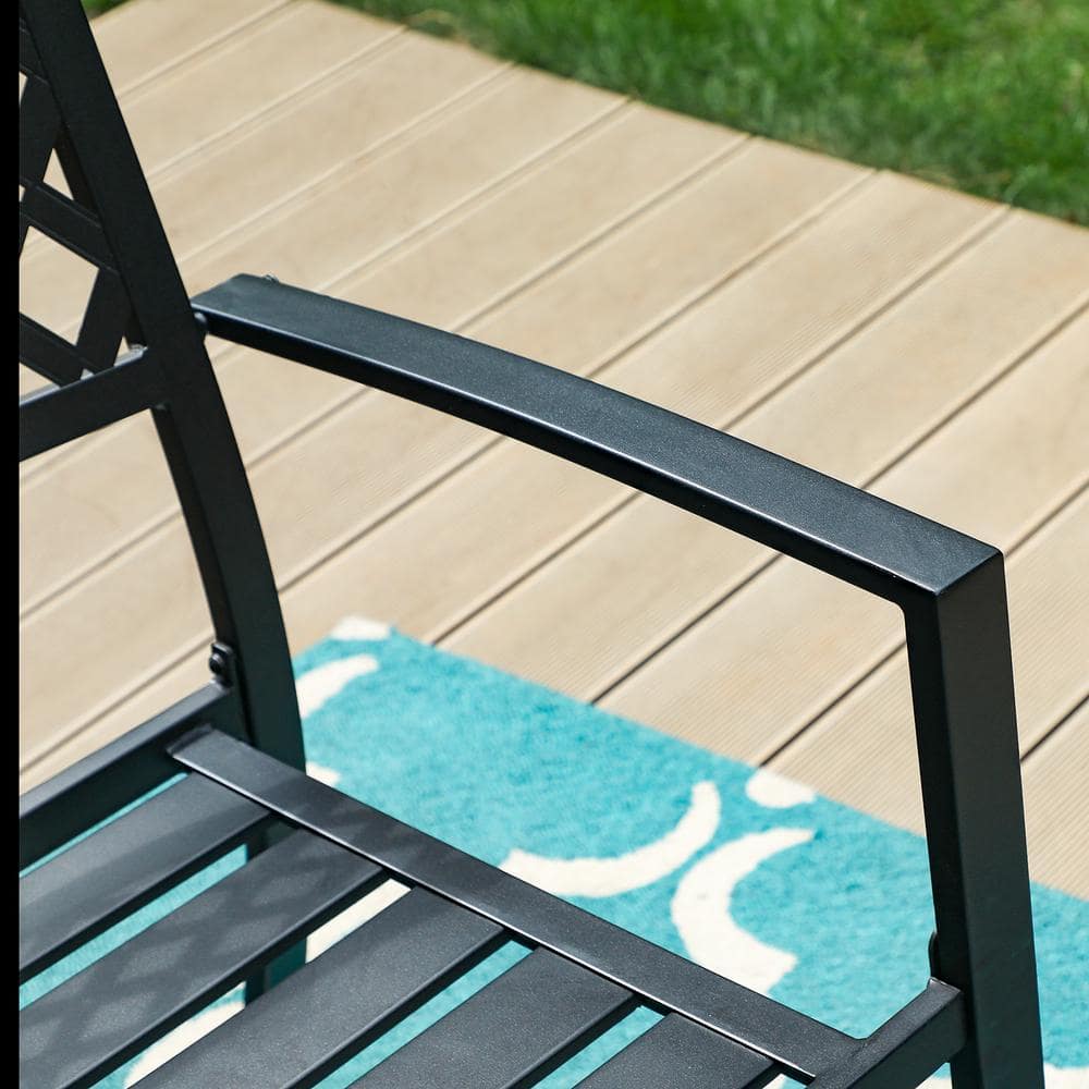 Black Steel Stackable Outdoor Dining Armchairs with Lattice Back (Set of 4)