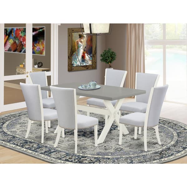 East West Furniture 7-Piece Rectangle Natural Oak Finish Solid Wood Top Dining Set with 1 table and 6 Upholstered-Chairs with Lattice Back
