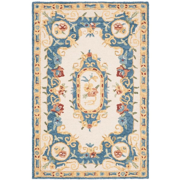 SAFAVIEH Micro-Loop Cream/Blue Doormat 3 ft. x 4 ft. Border Area Rug